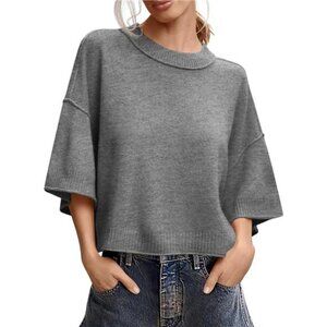 Womens Cropped Sweater Short Sleeve Oversized Knit Top Summer Lightweight Tee